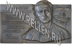 Мемориальная (памятная) доска из бронзы с портретным барельефом. Изготовлена по фотографии в память о хирурге Г.Г. Магомедове. Доска установлена в городе Махачкала. Изготовление мемориальных, памятных досок с барельефами. 